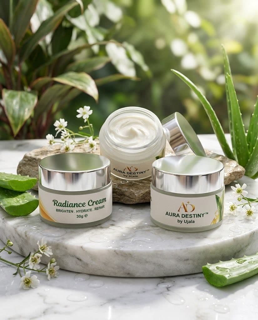 Aura Destiny Radiance Cream jars on marble with aloe vera